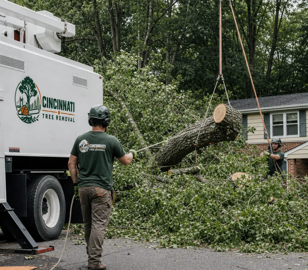 Sectional log dismantling and rigging line for storm-damaged tree