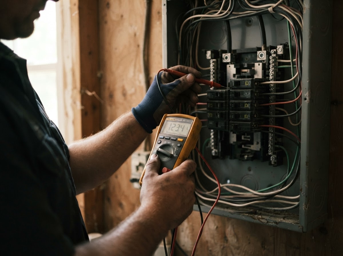 Elektriker fejlfinder med multimeter i en åben el-tavle