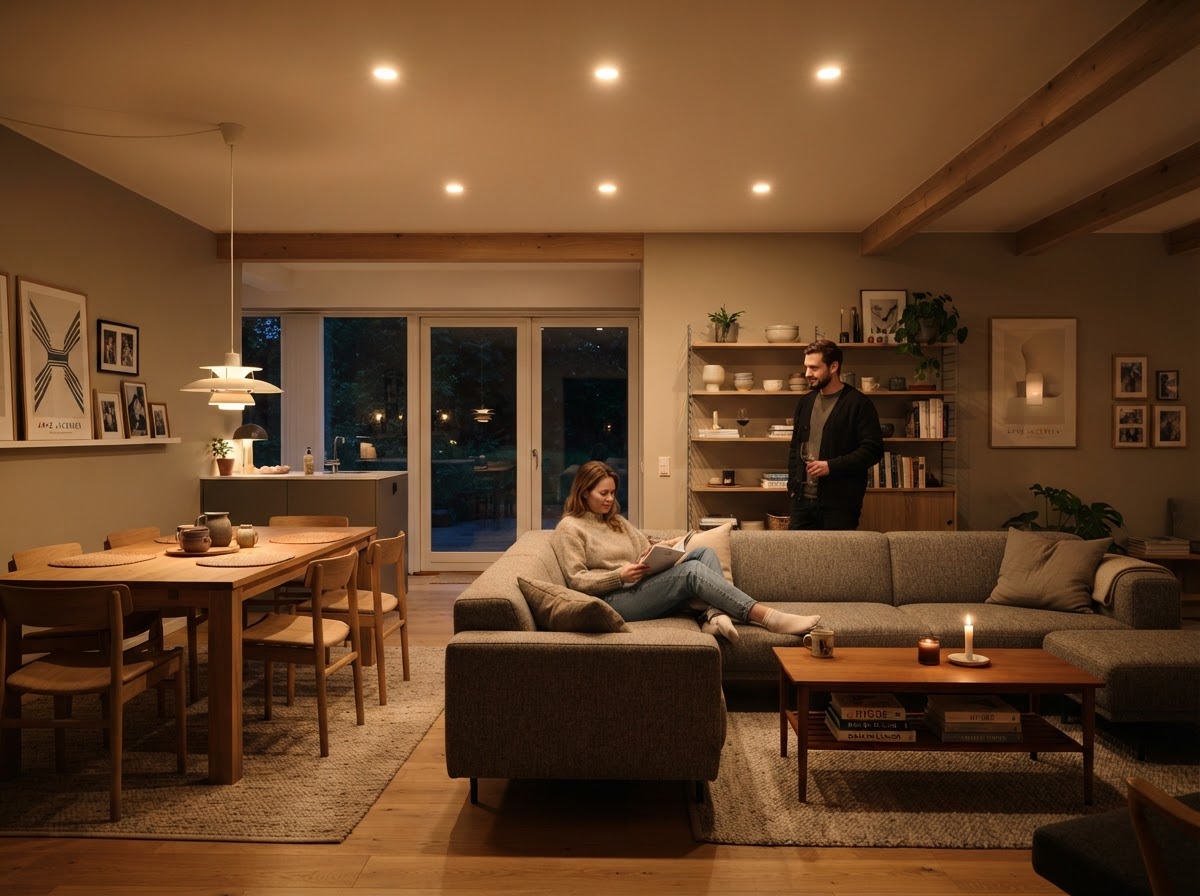 Varme indbyggede spotlights i loftet på et dansk hjem om aftenen