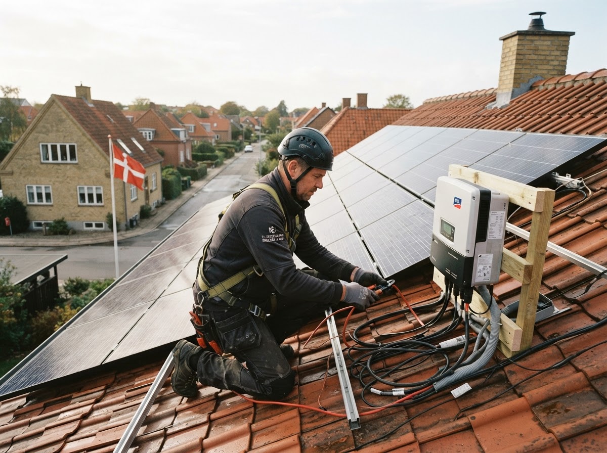 Solcellepaneler på taget af et hus i Randers med tilslutning
