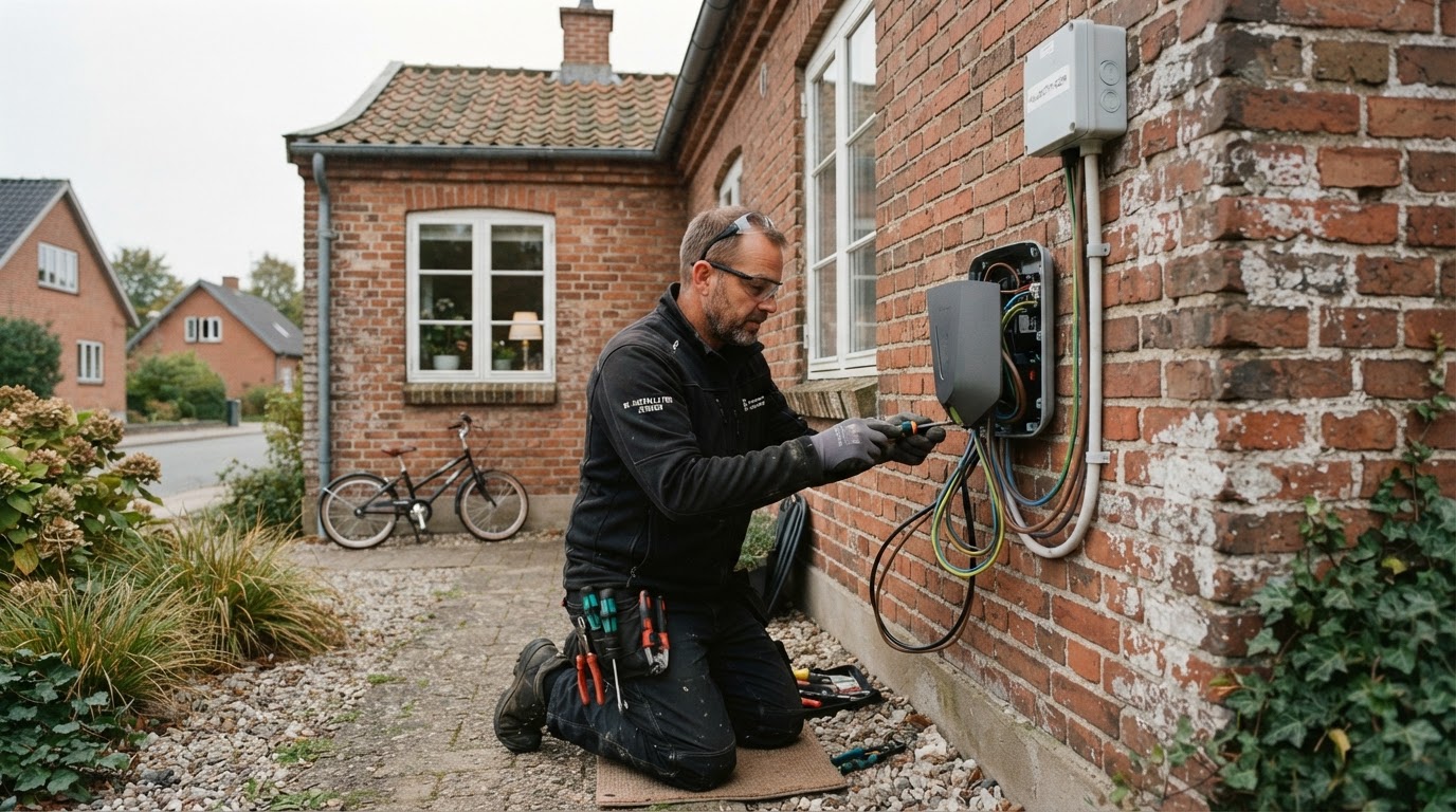 Elektriker installerer en ladestander på ydervæggen af et dansk hus