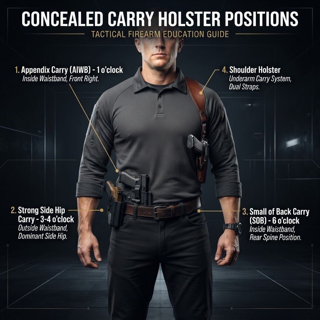 Diagram of four concealed carry holster positions on a waistband