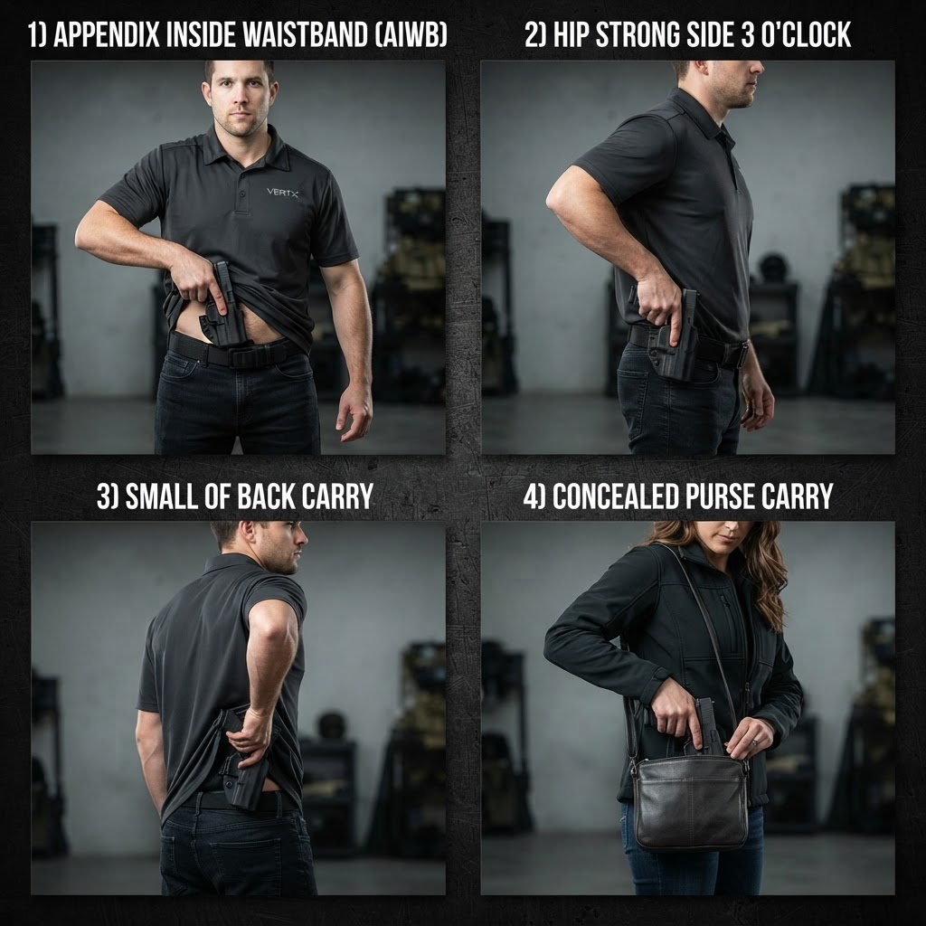 Photo set of four handgun concealed carry positions