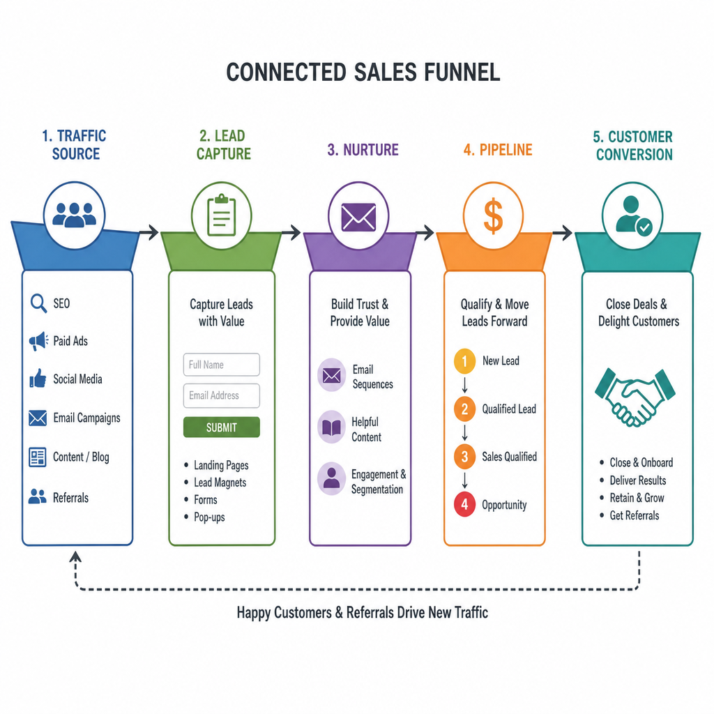 Connected sales funnel diagram showing traffic source, lead capture, nurture, pipeline, and customer conversion stages for Troy IL businesses