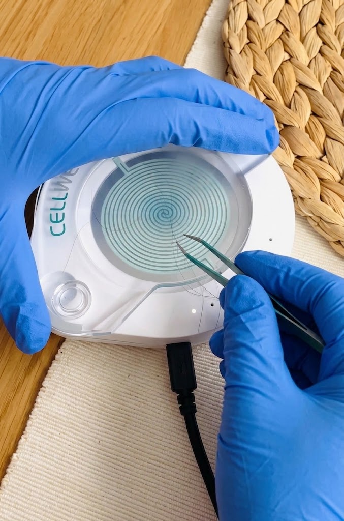 Close-up of hair follicle being tested on epigenetic hair scan sensor