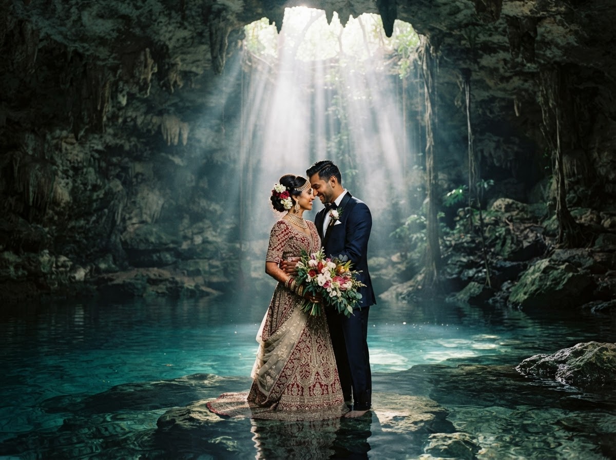 Fine-art editorial photograph of South Asian wedding couple embracing in an underground cavern with celestial god rays illuminating them in water