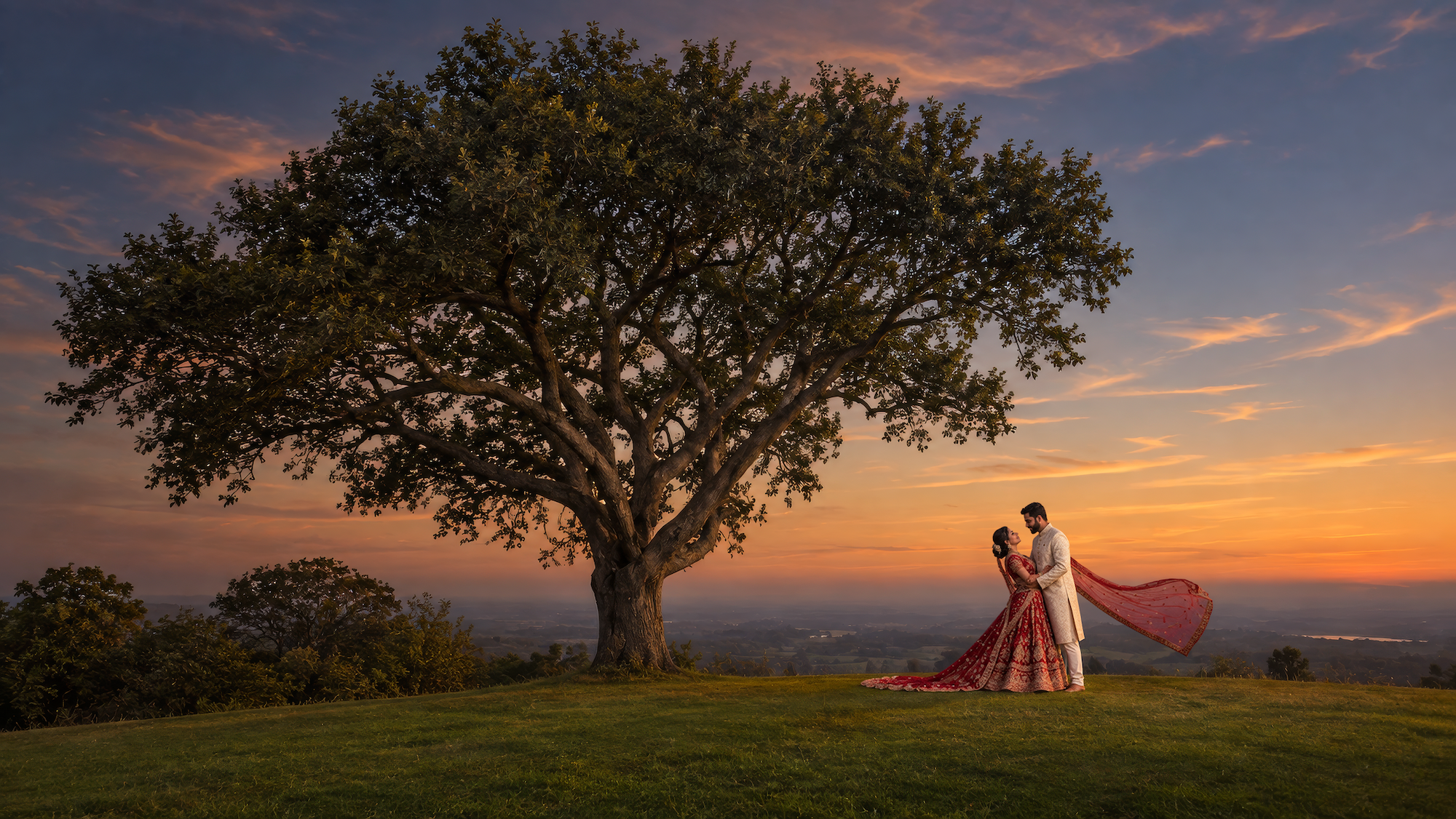 Luxury South Asian wedding couple embracing beneath a magnificent hilltop tree against a warm golden sunset sky