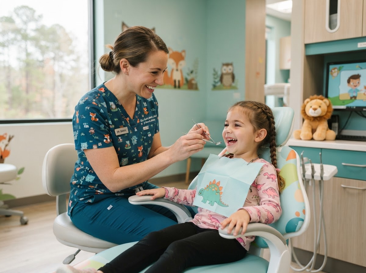 A friendly paediatric dentist gently caring for a relaxed, smiling child at The Dentist Next Door in Kingston, Jamaica