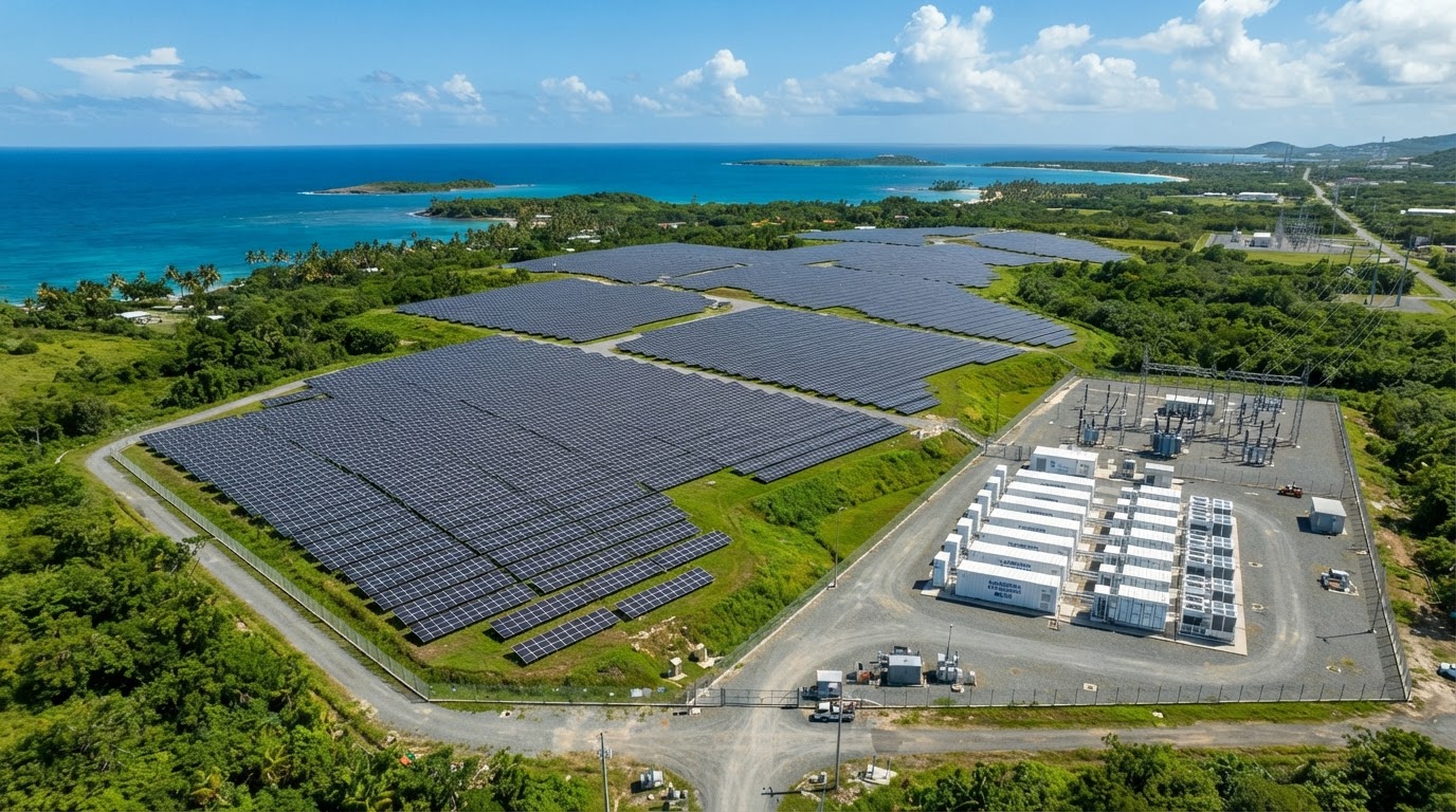 Parque solar y almacenamiento en baterías con subestación en entorno tropical