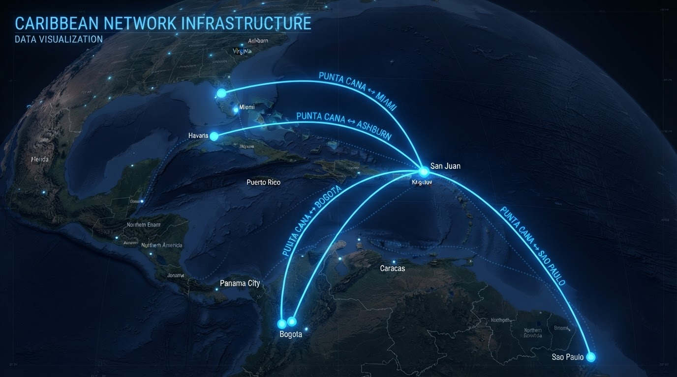 Mapa del Caribe con Punta Cana al centro y conexiones a Miami, Virginia, Bogotá y São Paulo