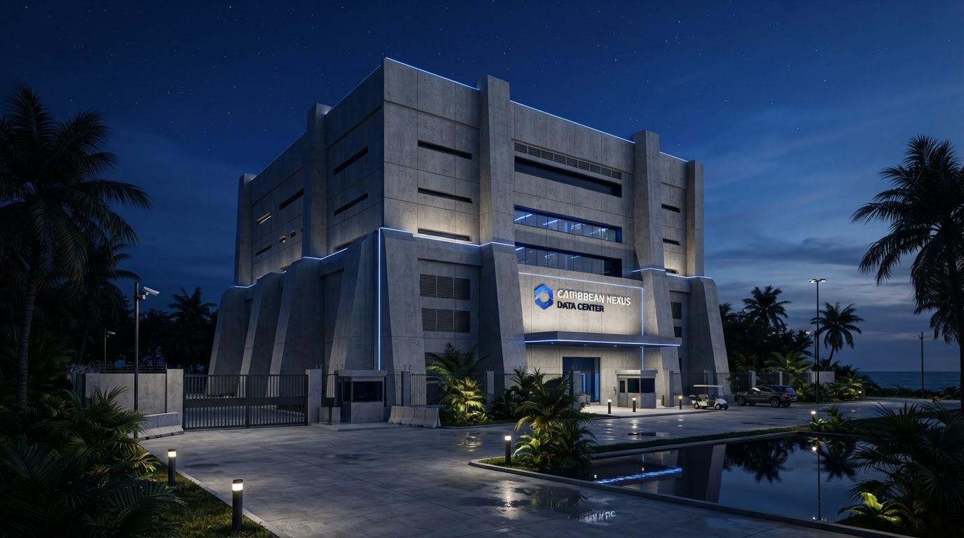 Edificio del campus de AI Factory Caribbean al atardecer