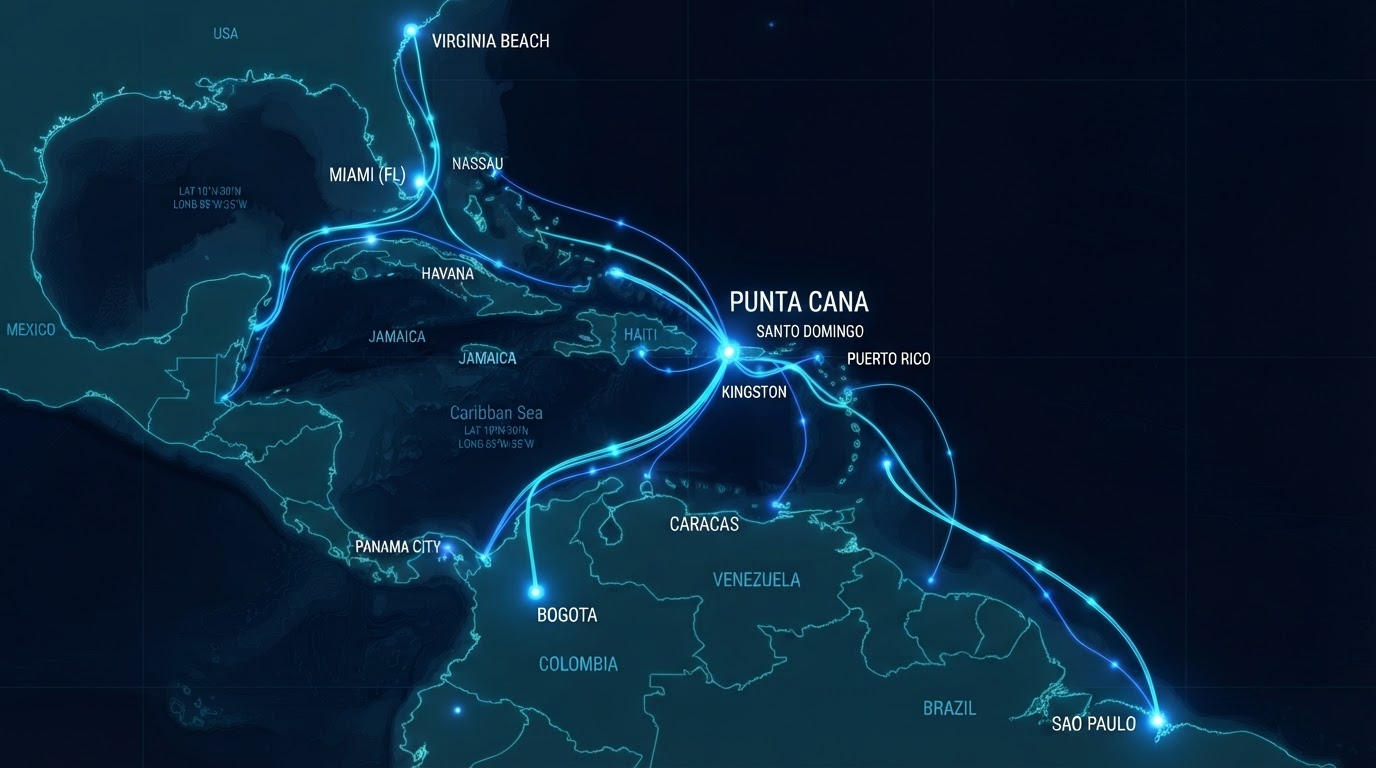 Mapa del Caribe con cables submarinos conectando Punta Cana con Miami, Virginia, Bogotá y São Paulo
