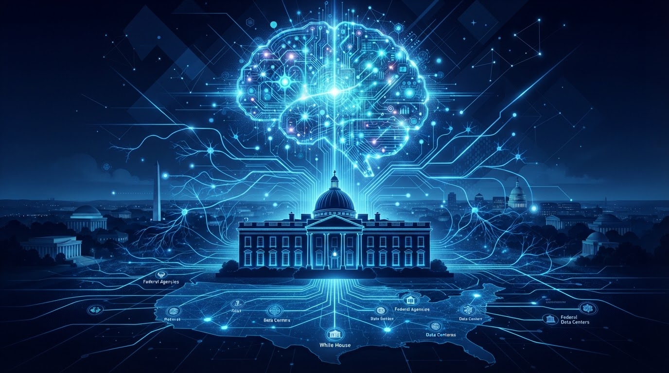 Ilustración simbólica de una iniciativa nacional de súper inteligencia con la Casa Blanca y redes neuronales