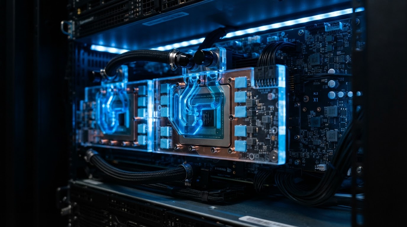 Cold plate y refrigerante líquido azul sobre GPUs de IA
