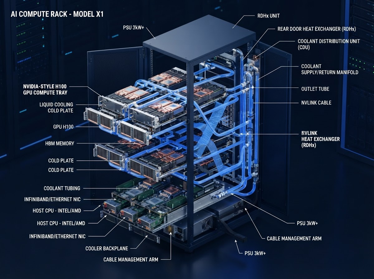 Corte 3D de un rack de IA mostrando cold plates, refrigerante y el recorrido del líquido