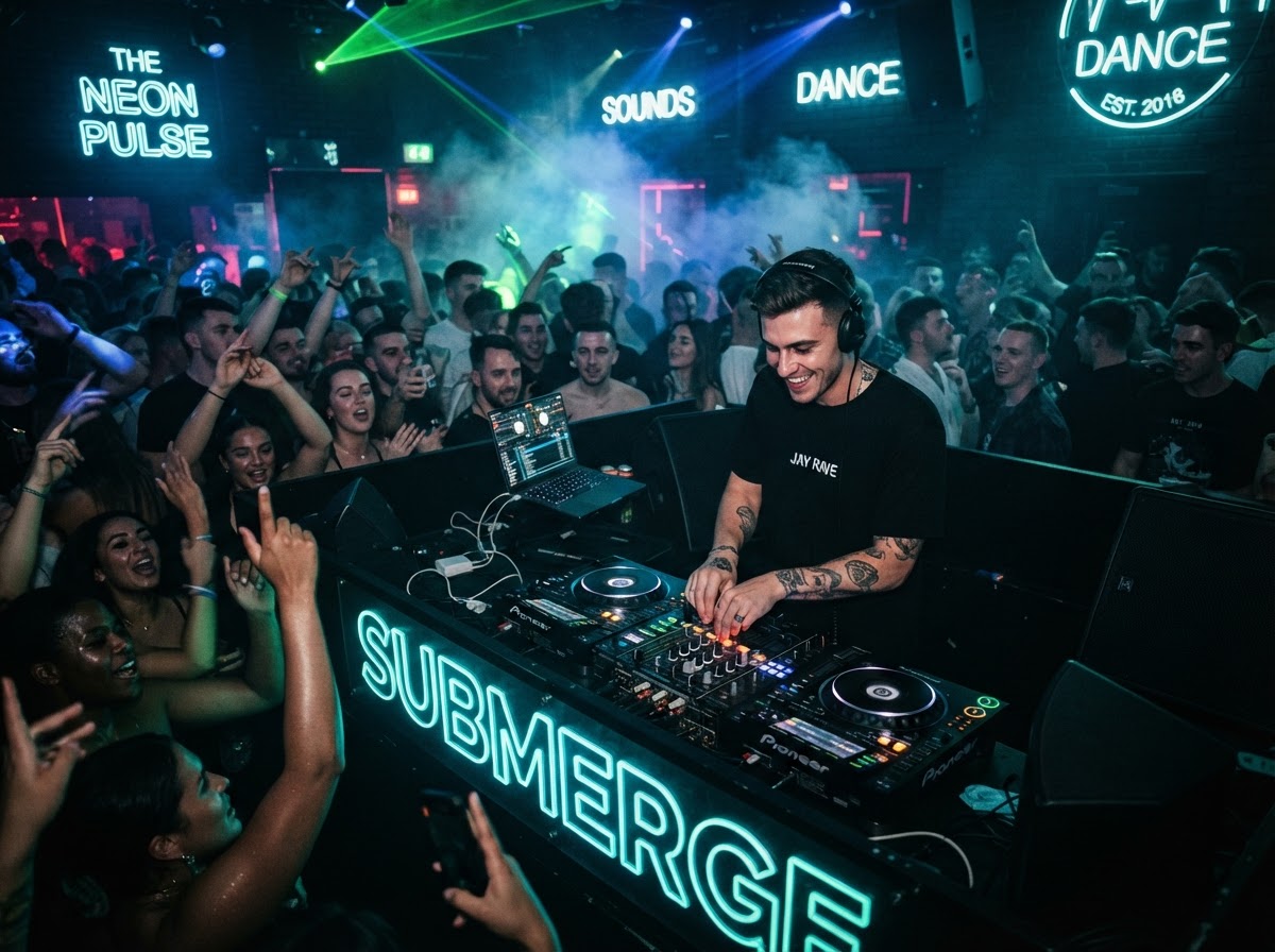 DJ performing at night with neon lights