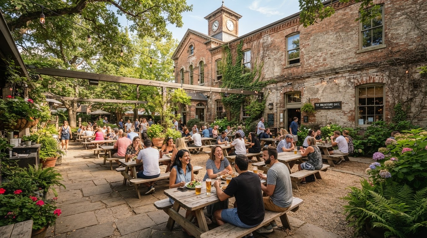 Daytime courtyard patio with picnic tables