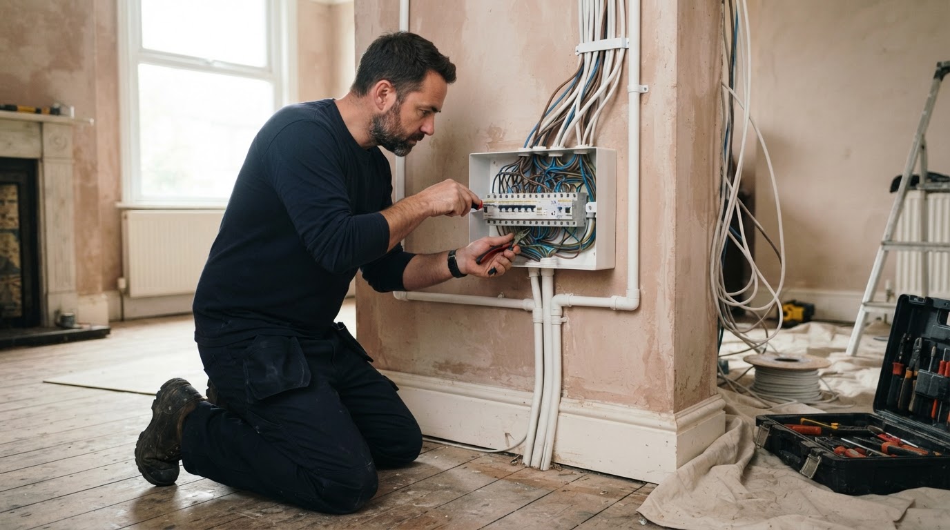 Electrical contractor installing a consumer unit during a domestic rewire