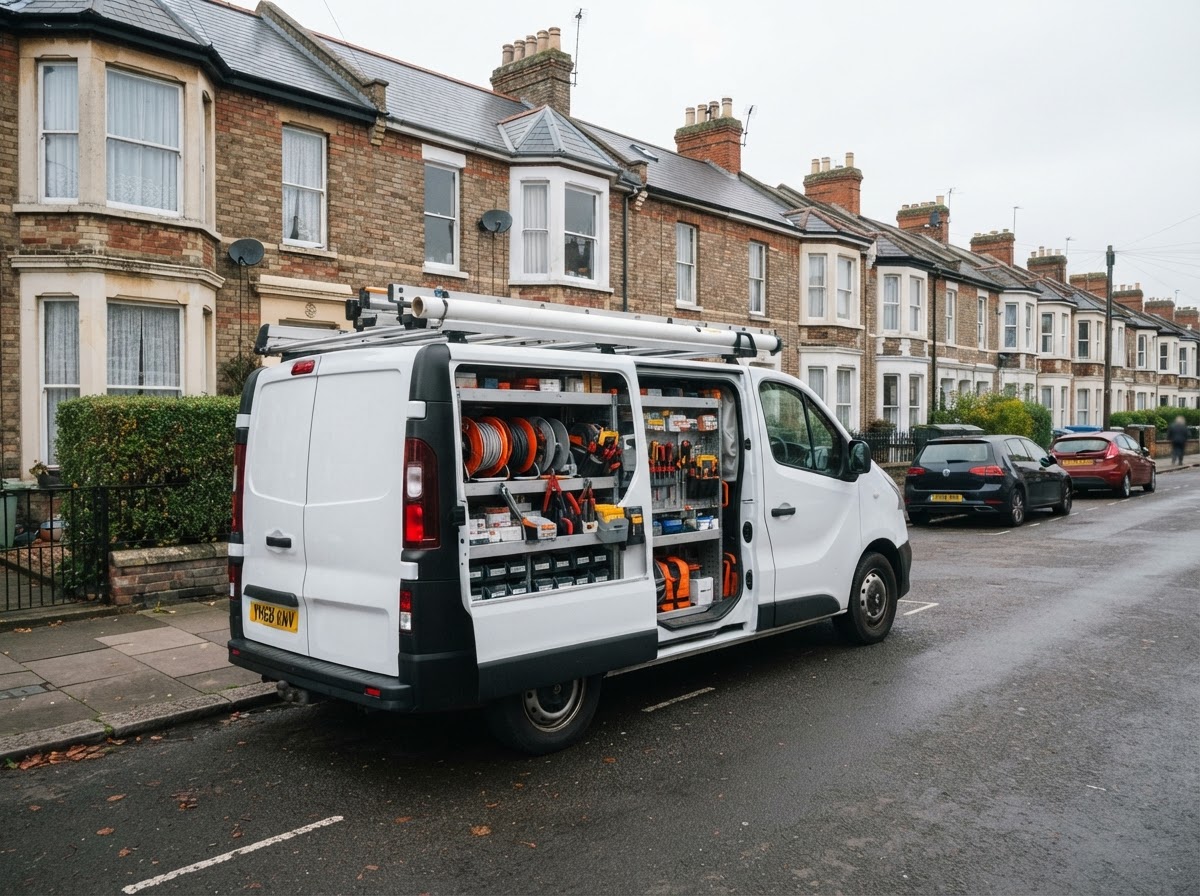 Electrical contractor van parked on a UK & Ireland residential street