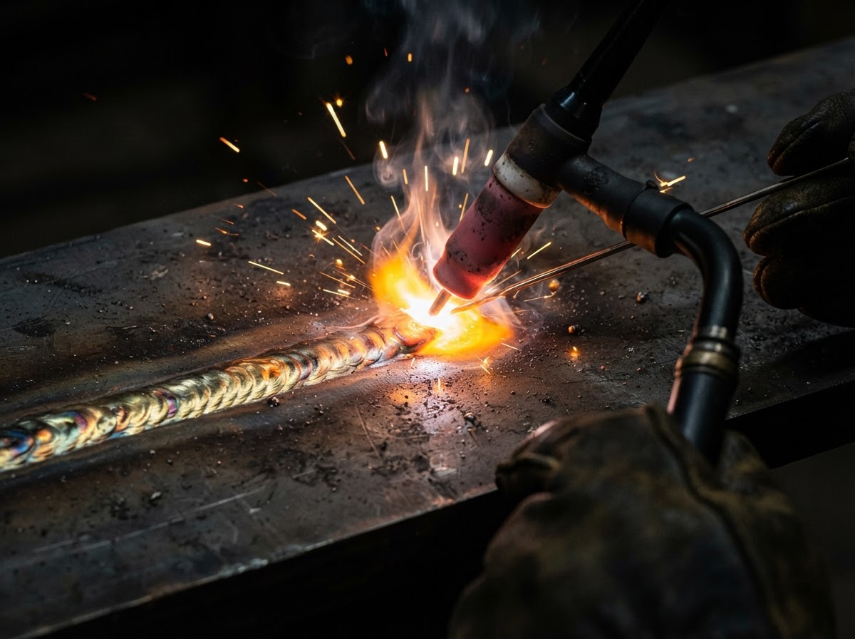Close-up of TIG welding with molten orange weld pool
