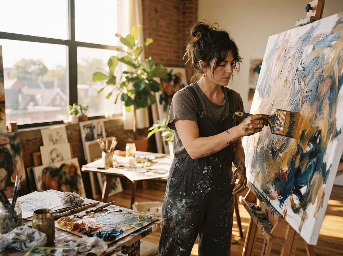 Detroit artist painting on canvas in a warm-lit studio — ROOST Resident creative community