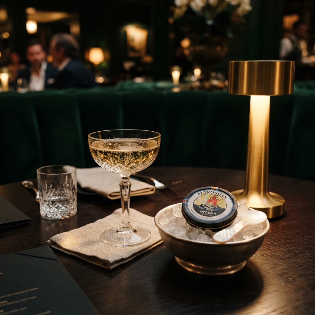 Fine dining table with crystal coupe, caviar on ice, and brass lamp in a luxury booth — ROOST Access private dining in Detroit