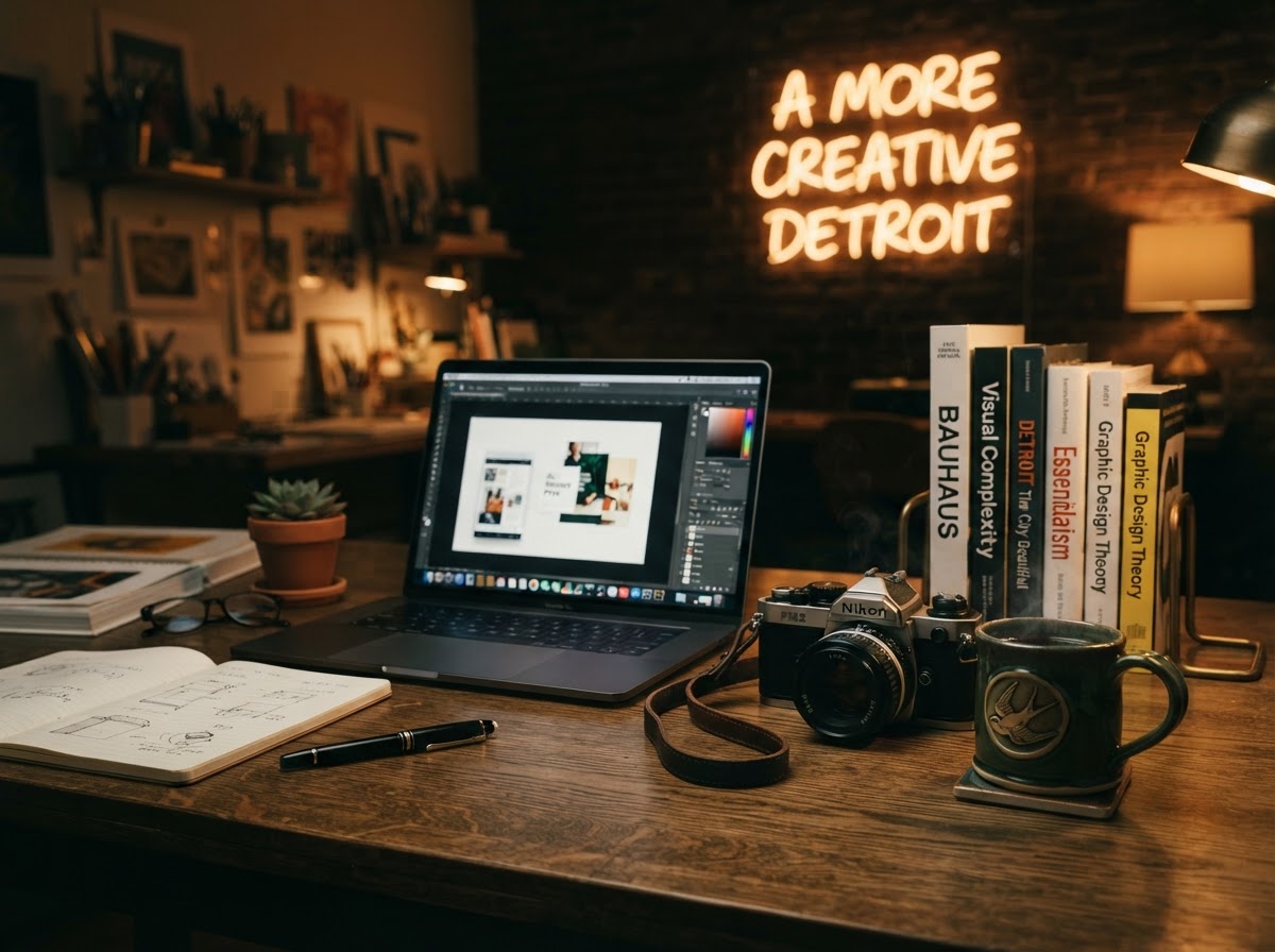 Warmly lit Detroit creative studio desk with laptop, camera, ROOST bird-crest coffee mug, and neon sign reading A More Creative Detroit