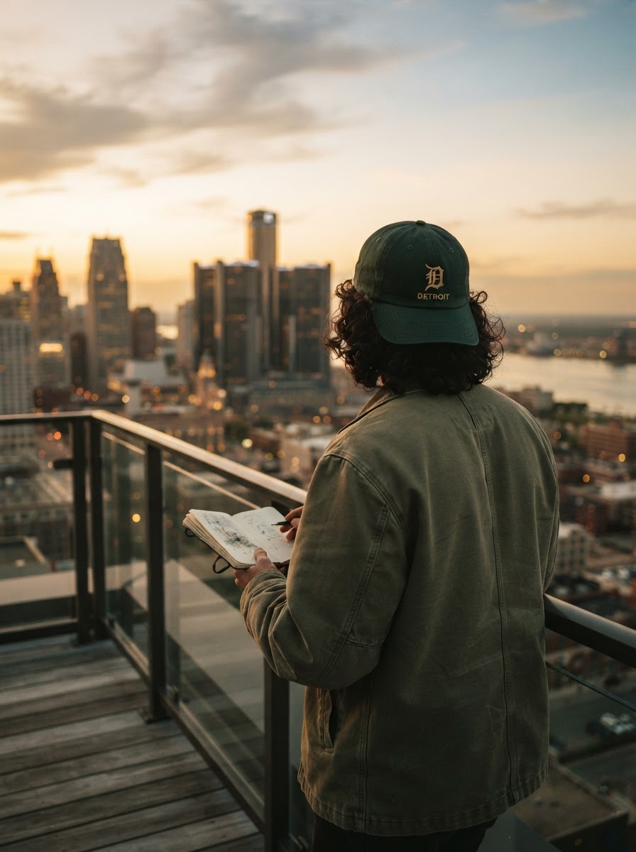 Detroit creator wearing an embroidered cap reading Good People Brighter Things — ROOST Resident community member