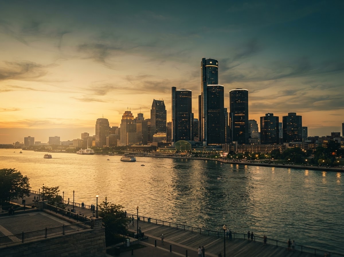Detroit riverfront skyline and Renaissance Center at golden hour — the city ROOST members call home