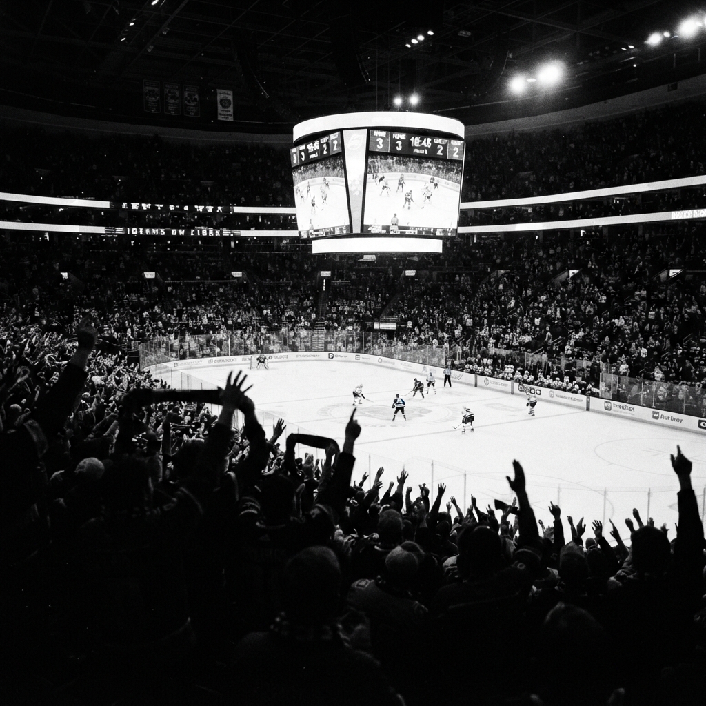 Packed Detroit sports arena with fans cheering and an illuminated ice rink — ROOST Access suite nights and game-day experiences