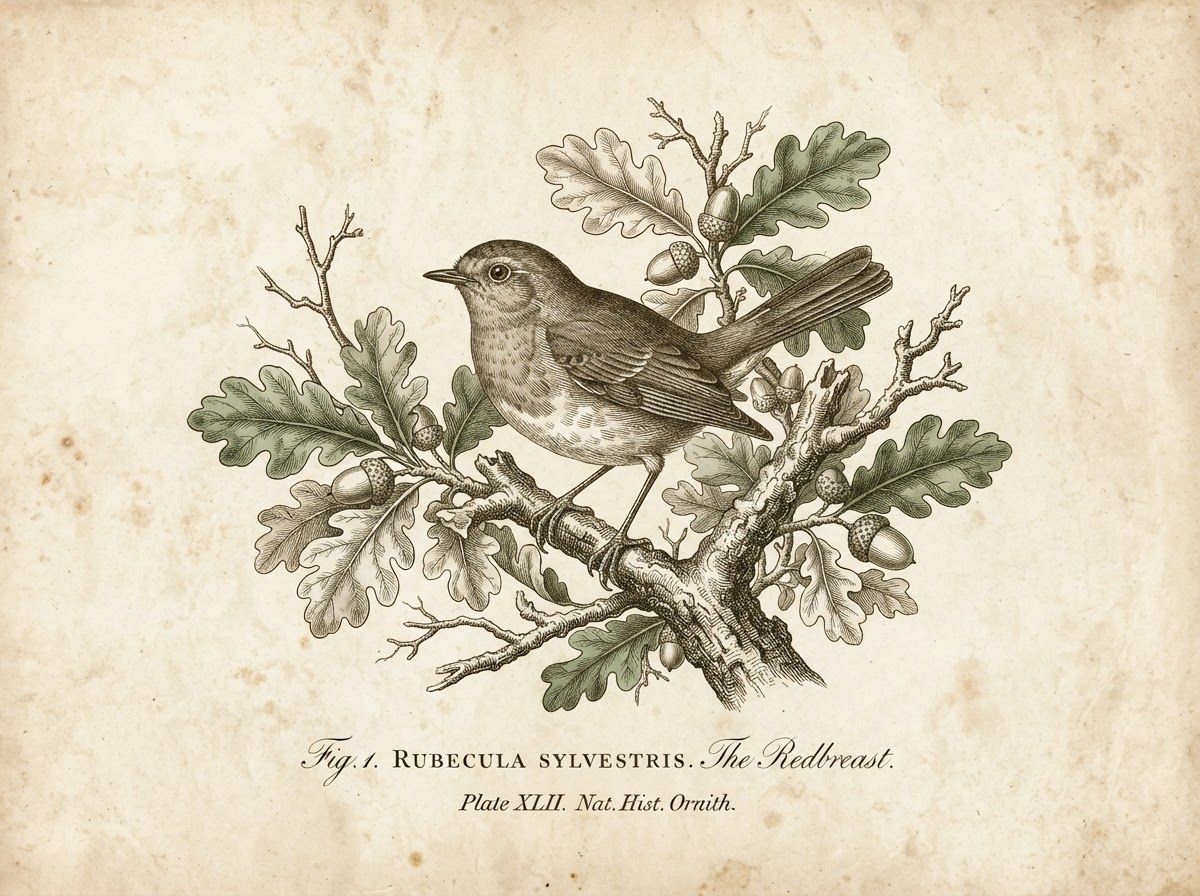 Fine-line etched songbird on a leafy oak branch — ROOST Detroit hand-drawn botanical mark