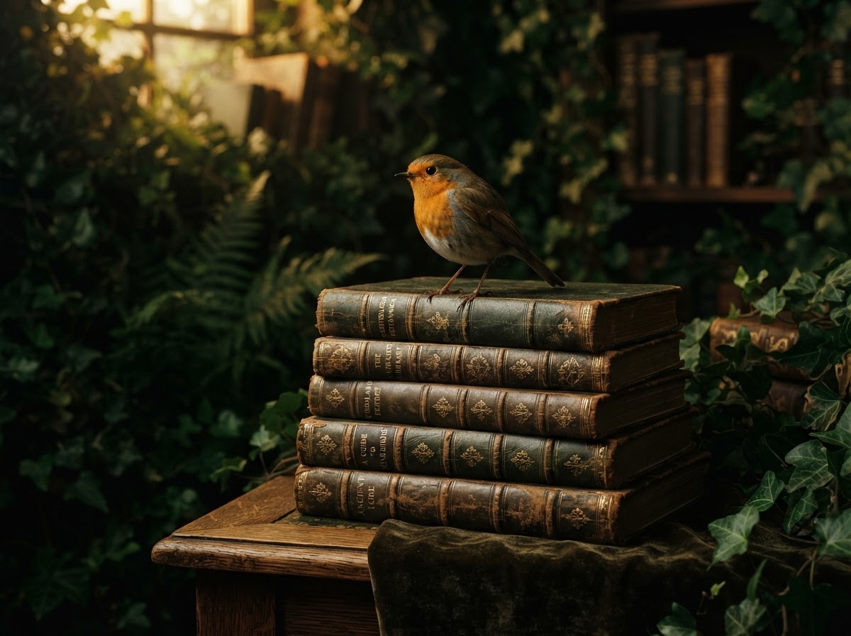 Perched gold songbird on stacked antique books embossed with Ideas, People, Culture, Opportunity — ROOST Detroit editorial artwork