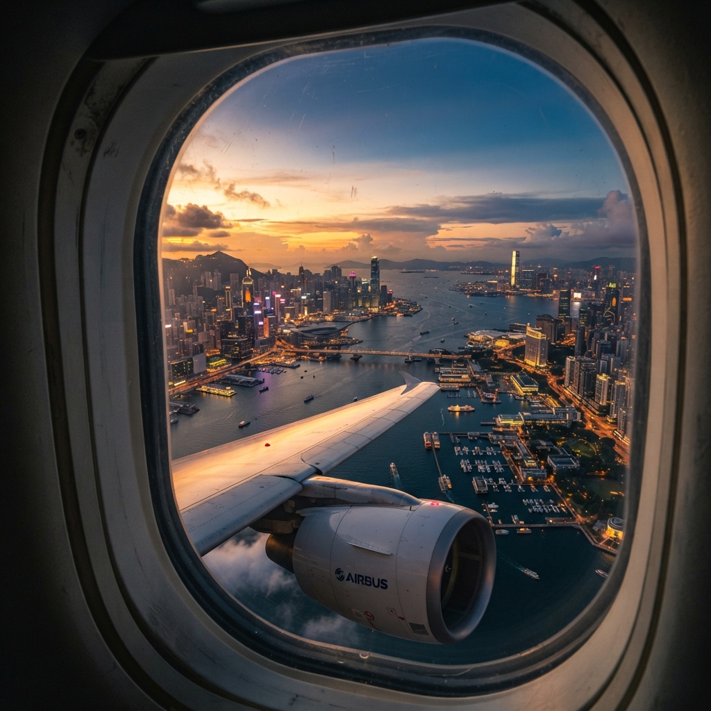 View from an airplane window over the Detroit waterfront skyline at golden hour — ROOST Access travel and hospitality