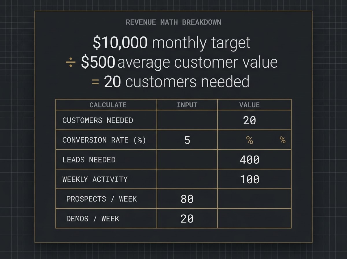 The $10K revenue calculator worksheet showing the math behind the revenue target