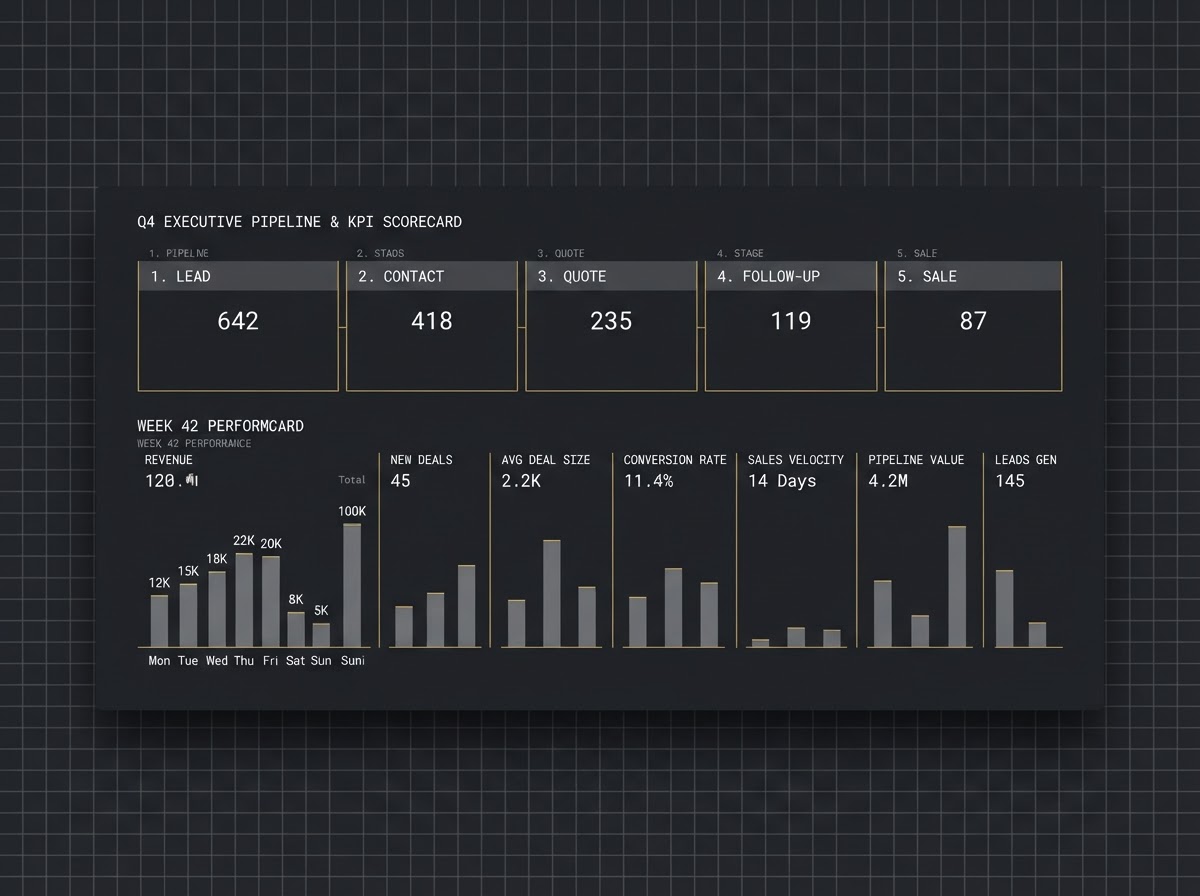 Sales pipeline and weekly CEO scorecard showing where revenue leaks happen