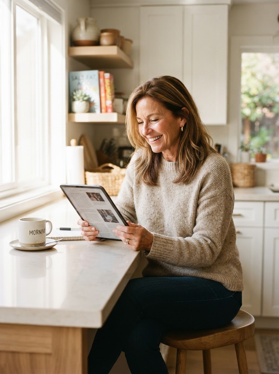 A White woman around 55 with highlighted hair reading on a tablet at a bright kitchen counter, relaxed and engaged