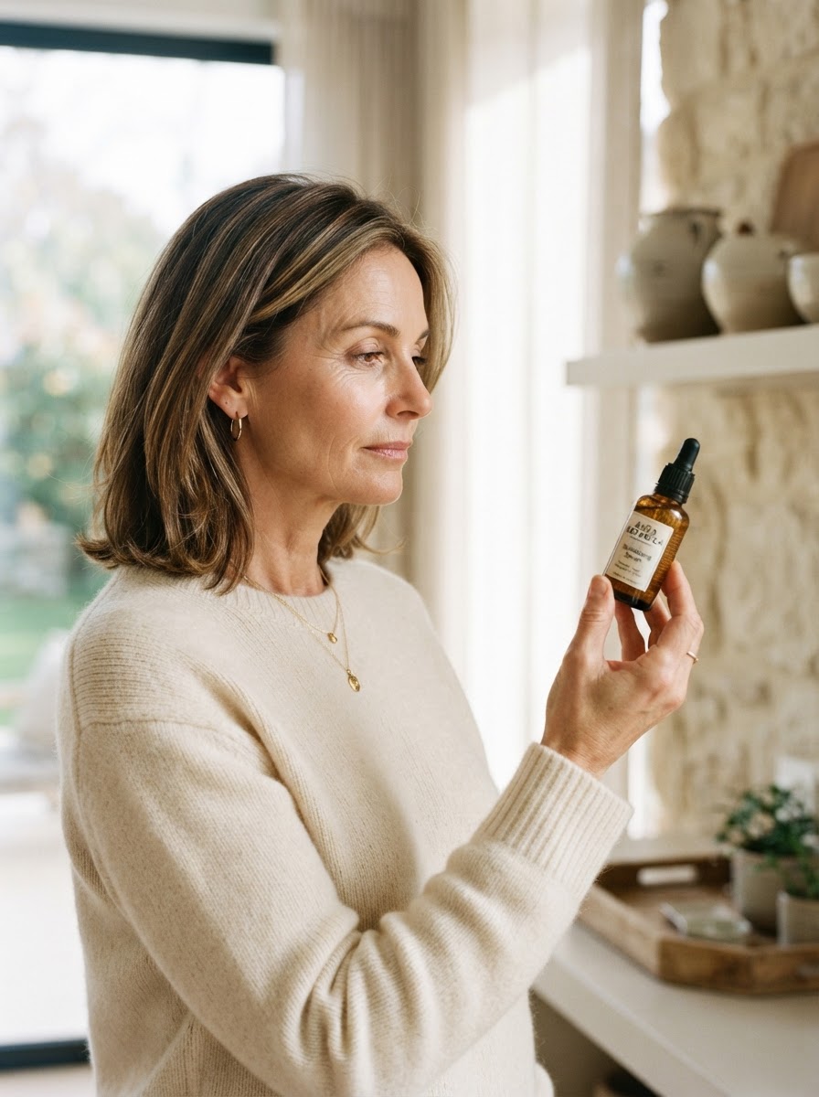 A curated flatlay of skincare, a beauty device, and a wellness item on warm ivory linen