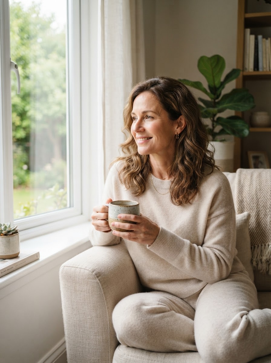 Woman in soft neutral loungewear holding tea near a bright window