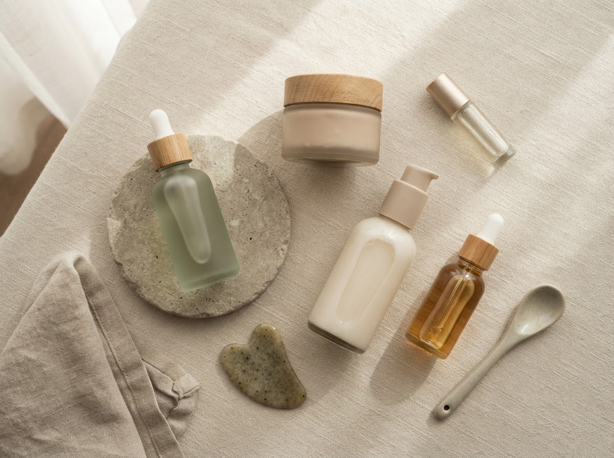 Fresh skincare flatlay on warm ivory linen with cream and glass bottles in soft daylight