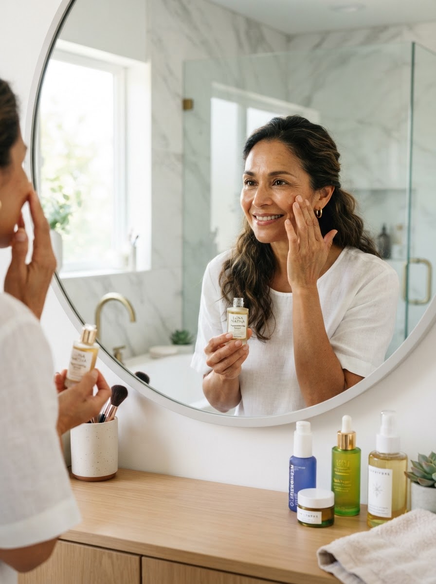 A Latina woman around 50 looking into her bathroom mirror while gently pressing facial serum into her cheek