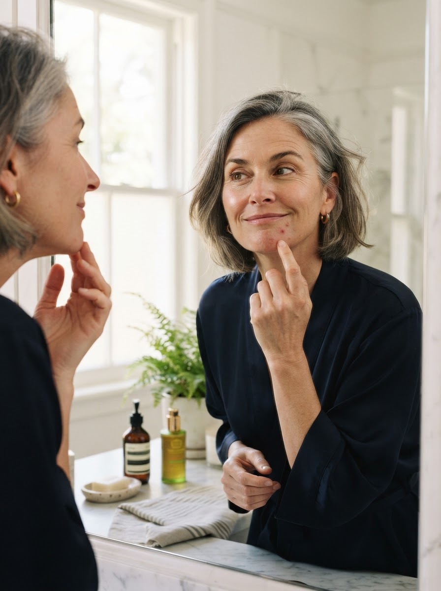 Woman noticing an adult breakout while looking in the mirror