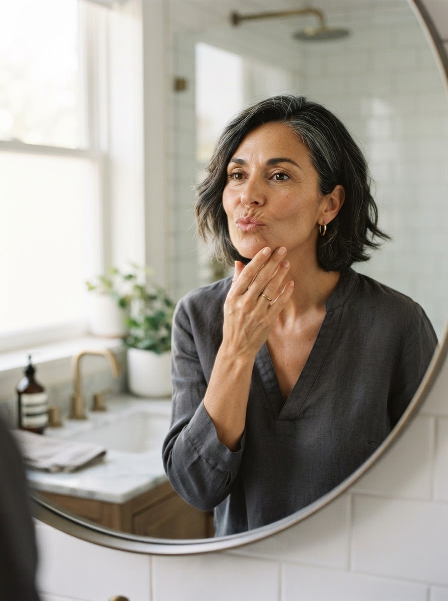 Woman in midlife looking at a breakout on dry skin in a bathroom mirror