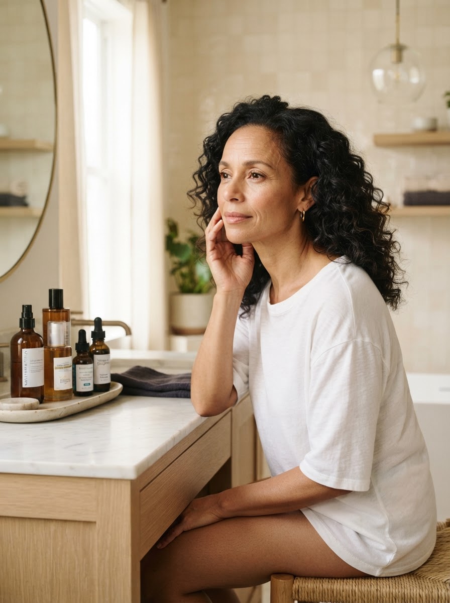 A multiracial woman around 48 with curly dark hair thoughtfully considering her skincare routine at a bright vanity