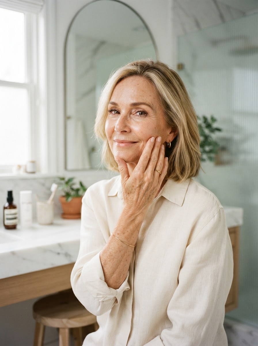 Woman with dry midlife skin checking a chin breakout
