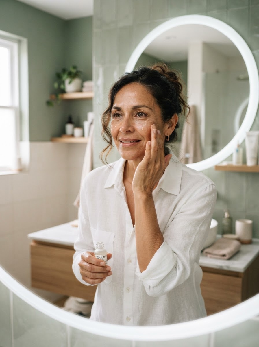 A Latina woman around 48 looking into a bright bathroom mirror while thoughtfully applying skincare, calm and engaged