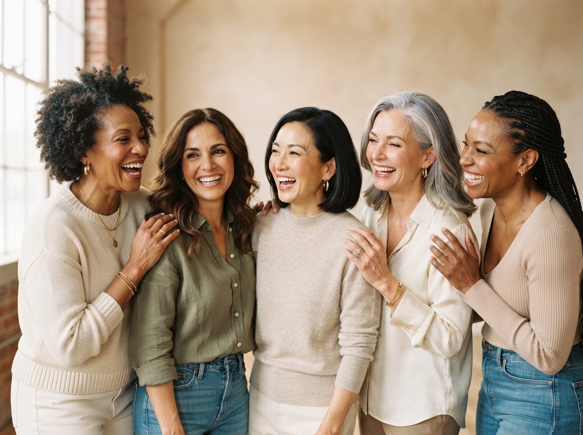 A vibrant group of multiracial midlife women ages 40 to 55 smiling, laughing, and embracing in warm natural light