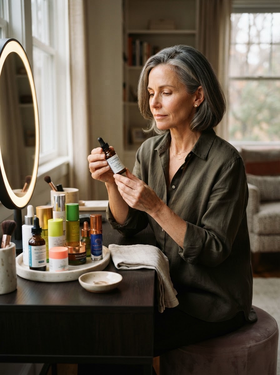 Woman reassessing the skincare products in her midlife routine