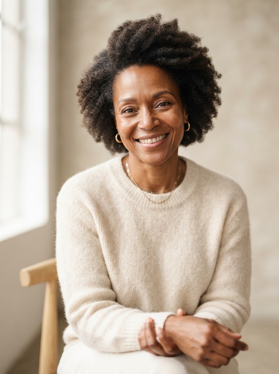 A Black woman around 45 with healthy natural skin texture and a warm smile in soft daylight