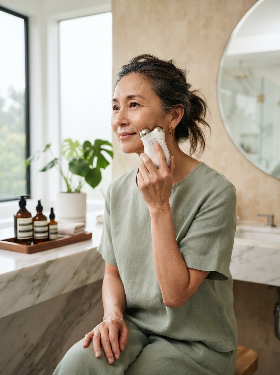 An Asian woman around 50 actively using a sleek handheld beauty device in a bright modern bathroom
