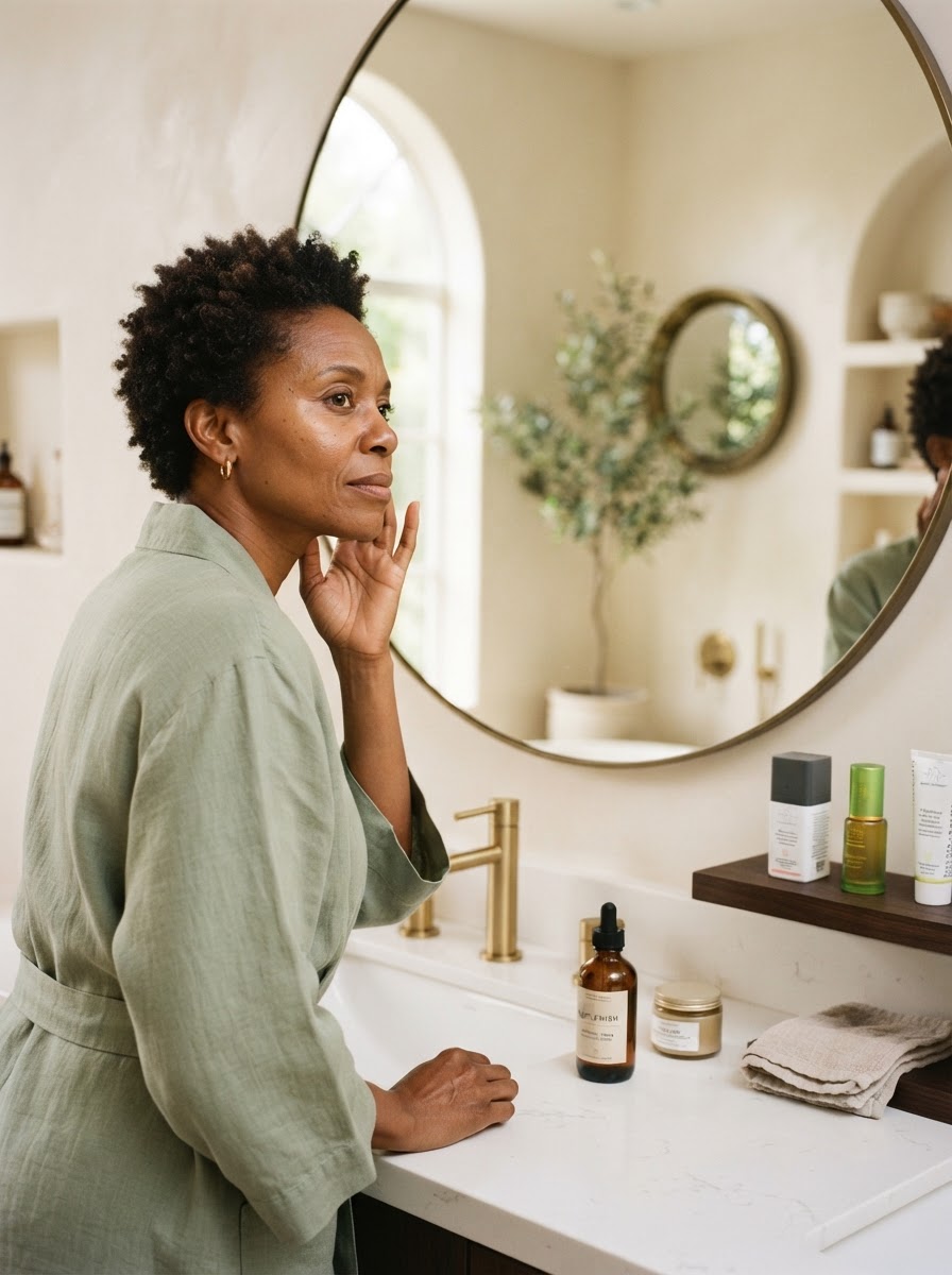 A Black woman around 46 with natural coily hair gently examining her skin in a bright bathroom mirror with a calm focused expression